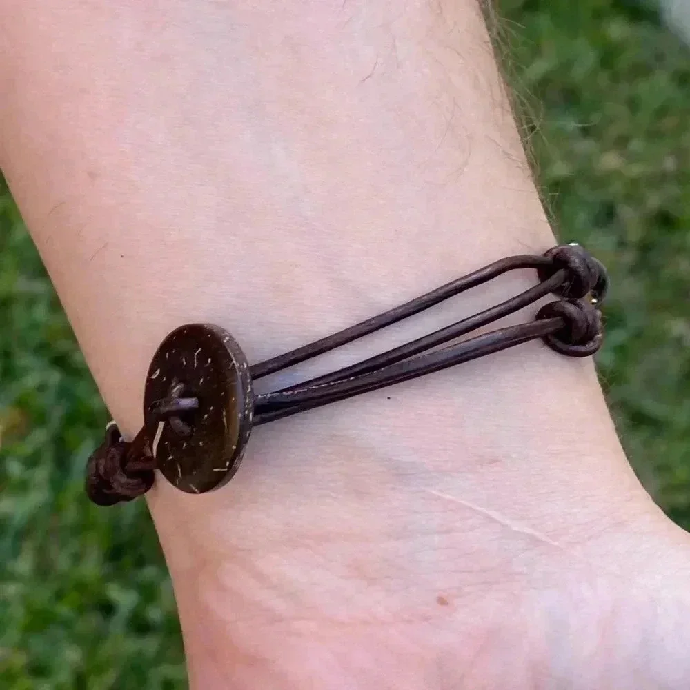 Handmade Men’s Adjustable Blue Brown Glass Bead Real Leather Bracelet